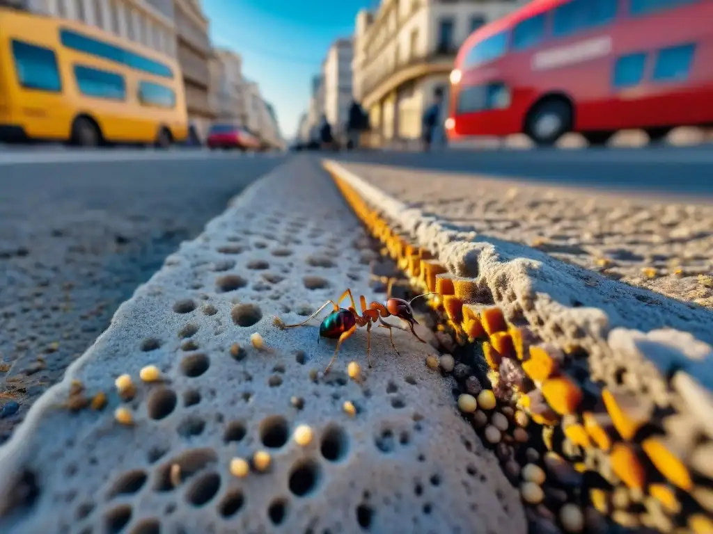 Una colonia de hormigas en una acera urbana de Montevideo, donde conviven vida silvestre y ciudadanos