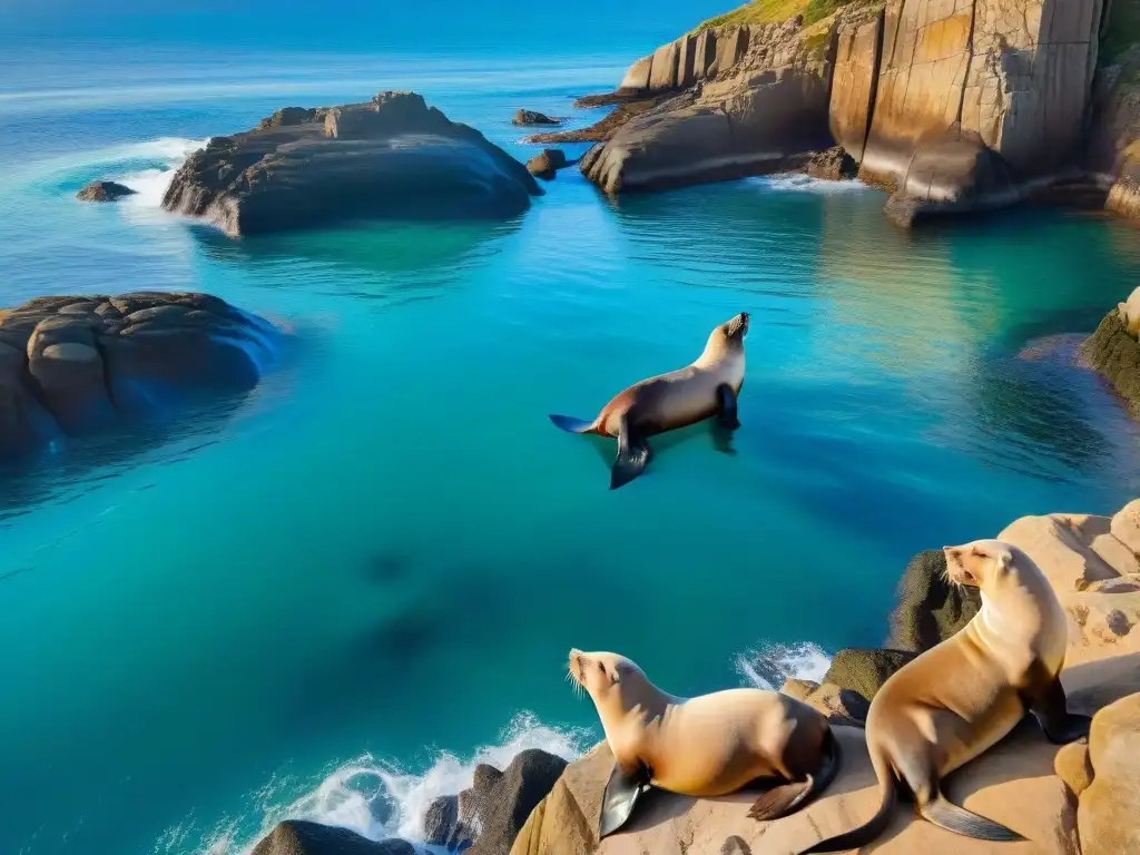 Una colonia majestuosa de leones marinos en Isla de Lobos, bajo el sol y cielo azul