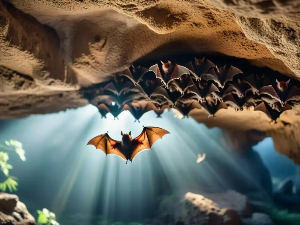 Colonia de murciélagos en Uruguay descansando en una cueva misteriosa, con detalladas alas y ojos