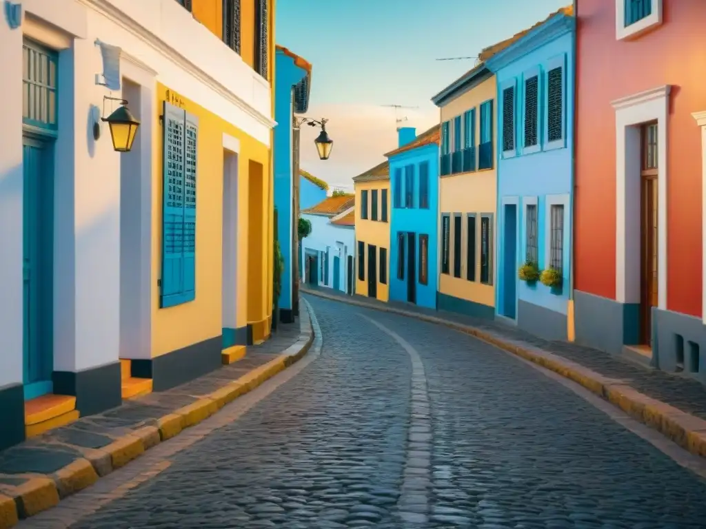 Fotografía de viaje en Uruguay: Calle histórica de Colonia del Sacramento al atardecer, con arquitectura colonial y lugareños