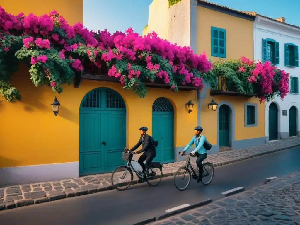 Explorando Colonia del Sacramento en bicicleta al atardecer, rodeados de arquitectura colonial y bougainvillea en flor