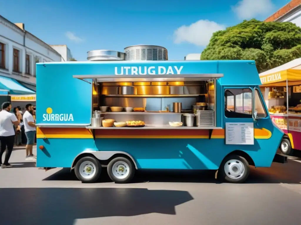 Una colorida calle en Uruguay llena de food trucks innovadores, sabores únicos y ambiente animado