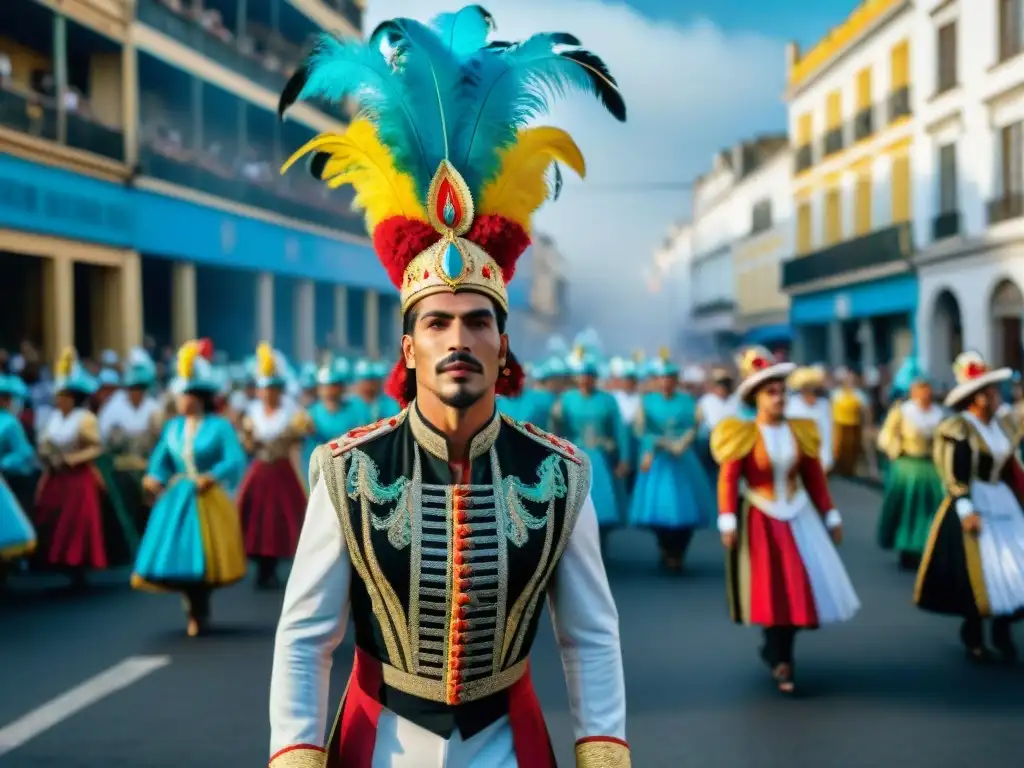 Una colorida celebración de carnaval en Uruguay con trajes elaborados y danzas tradicionales