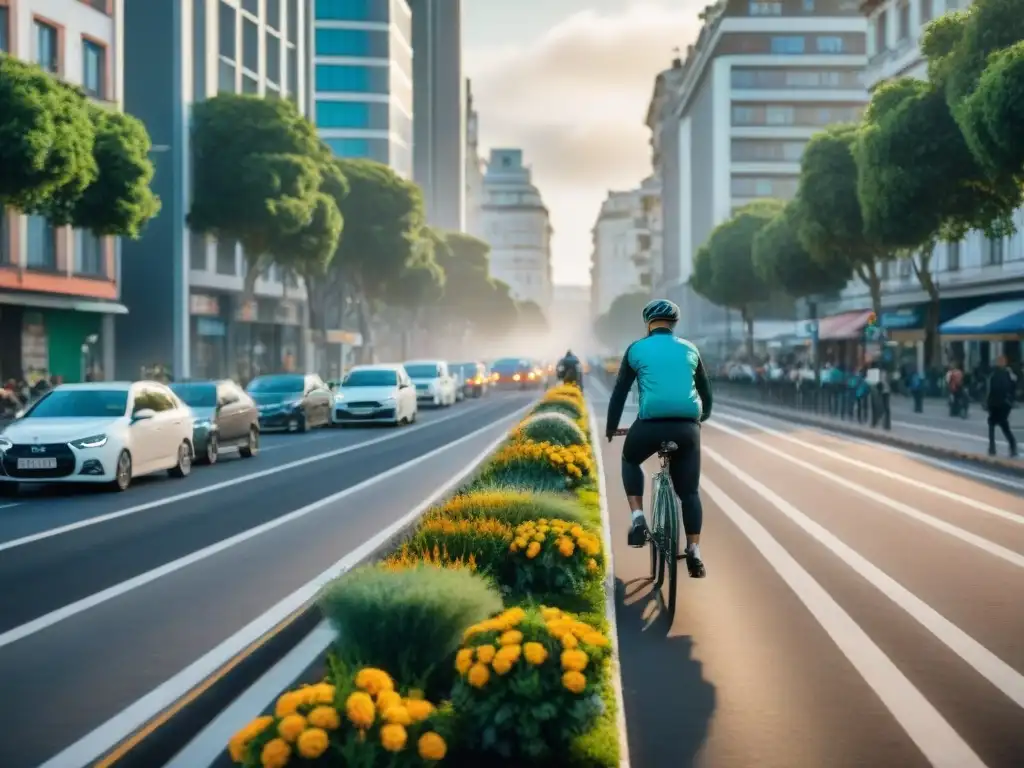 Una colorida ciclovía en Montevideo, Uruguay, muestra la energía del transporte sostenible en la ciudad