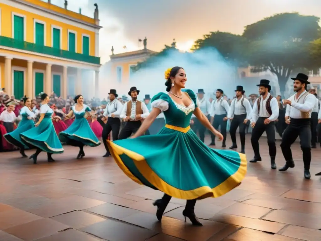 Una colorida danza folclórica uruguaya en una plaza histórica con arquitectura colonial y espectadores de todas las edades, capturando la esencia del Folclore Uruguay historia ritmos tradicionales