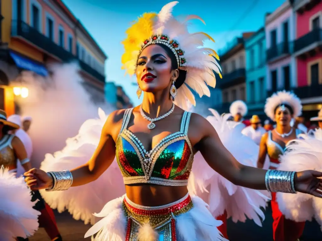 Colorida danza en el vibrante Carnaval de Uruguay: plumas, brillo y pasión al ritmo de la música, reflejo del corazón festivo y cultural