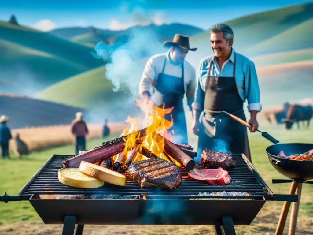 Una colorida escena de un asado uruguayo tradicional con gauchos en plena aventura cerca de Montevideo