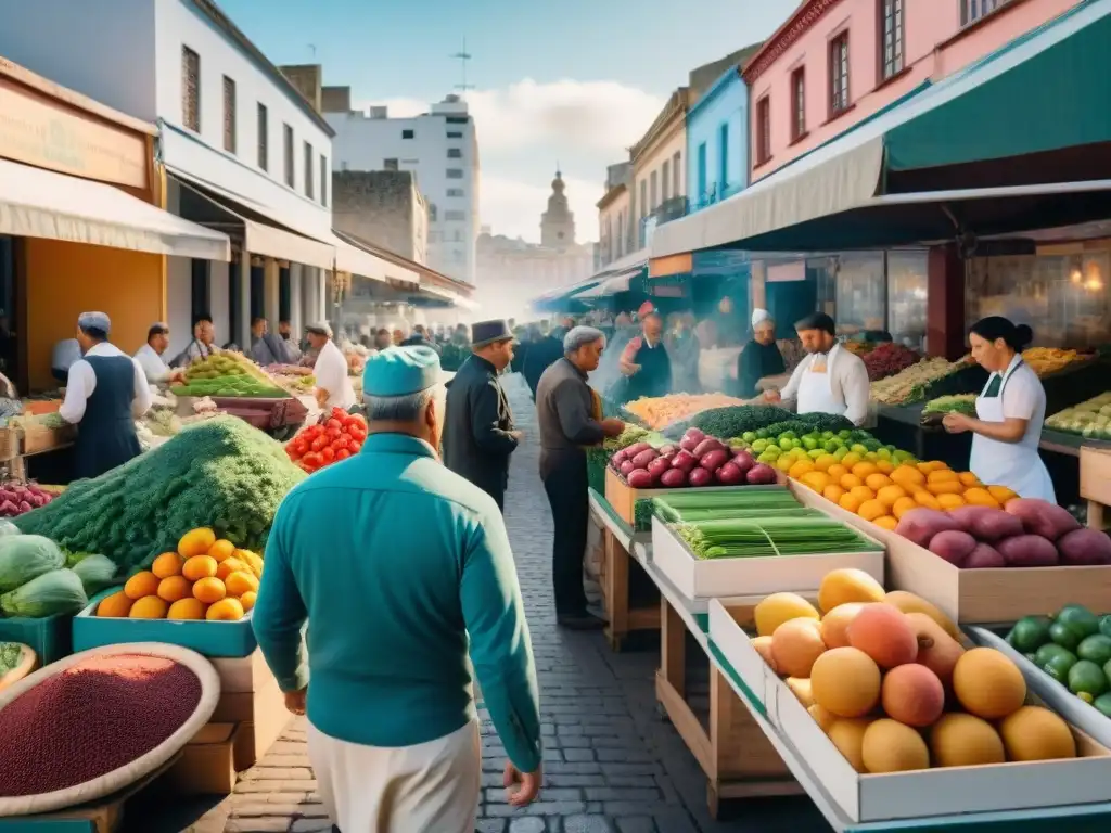 Una colorida escena de mercado en Montevideo, mostrando la influencia de la inmigración en la gastronomía uruguaya