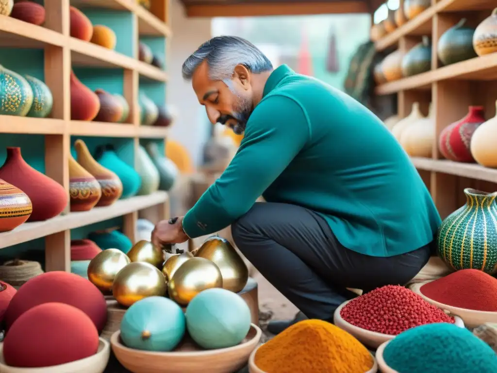 Colorida feria artesanal uruguaya con textiles vibrantes en rojo, turquesa y dorado, alfarería en tonos tierra y especias aromáticas