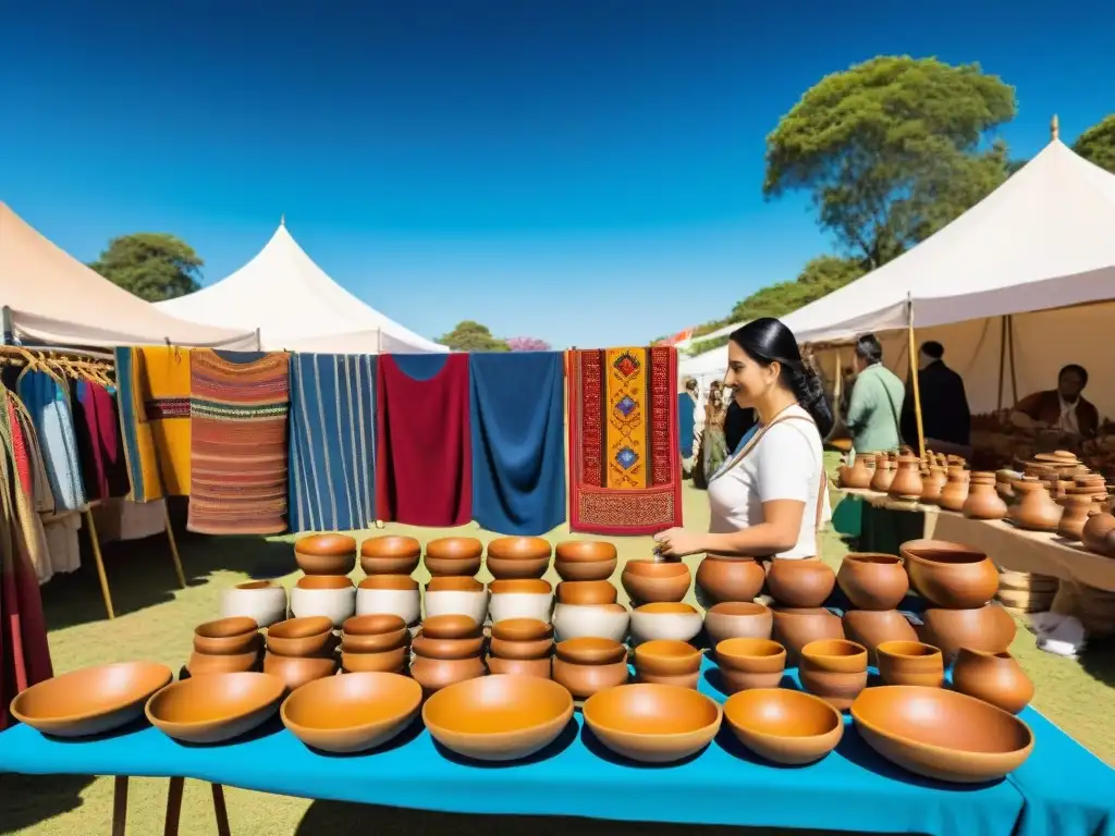 Colorida feria artesanal en Uruguay, con textiles, cerámica y arte folclórico bajo cielo azul