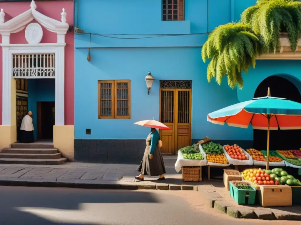 Colorida feria callejera en Uruguay con vendedores locales y arquitectura colonial