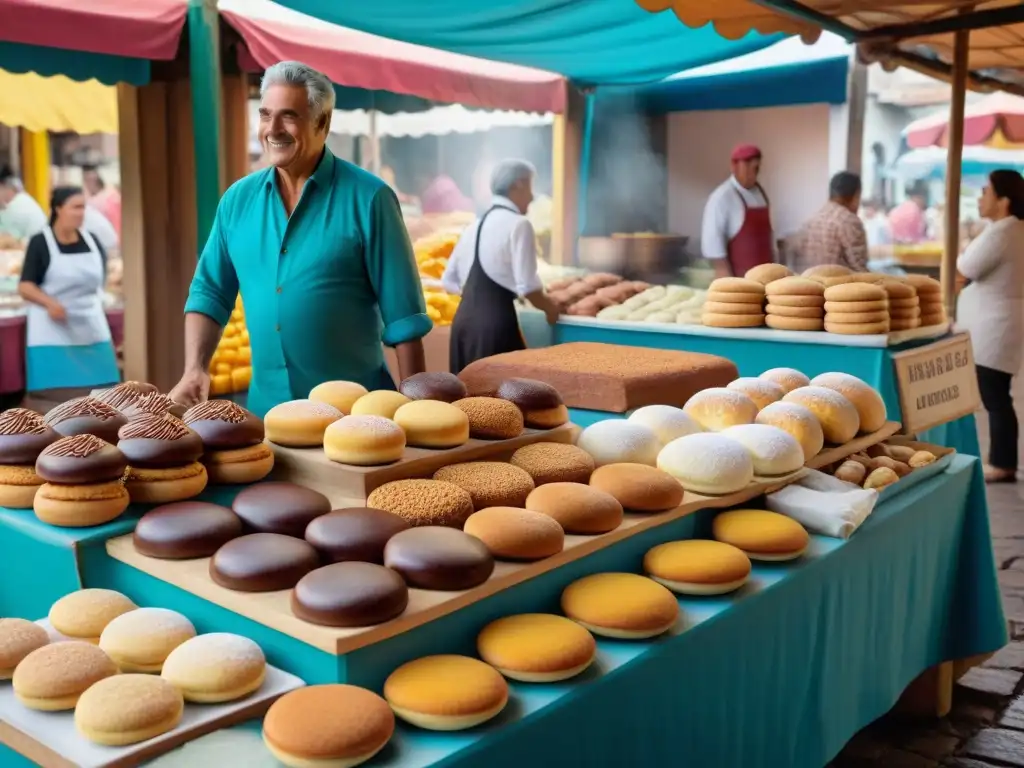 Una colorida feria local en Uruguay con postres tradicionales uruguayos en exhibición