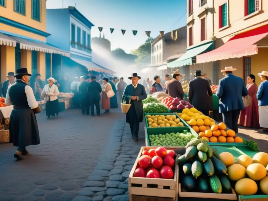 Colorida feria vecinal en Uruguay con puestos de frutas, verduras y artesanías locales