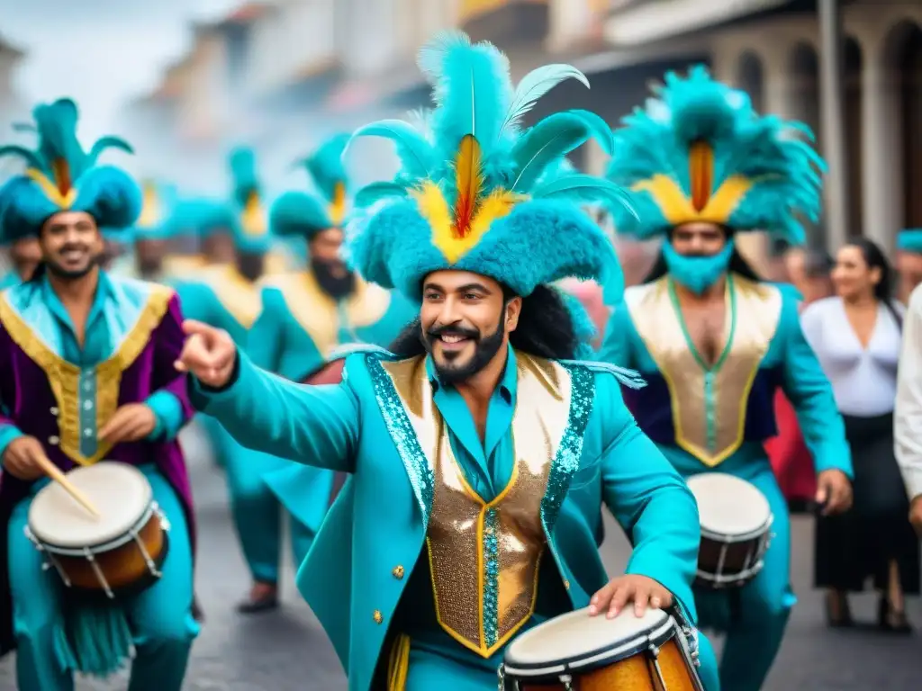 Una colorida murga en Uruguay, expresión cultural con trajes brillantes, tambores y trompetas, danzando en la calle durante el carnaval