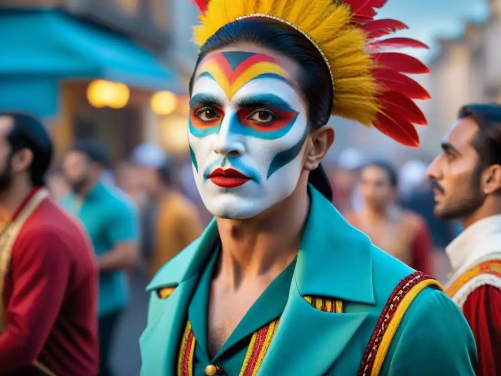 Una colorida y vibrante escena de murgueros en Montevideo durante Carnaval, mostrando el origen y significado de murga uruguaya