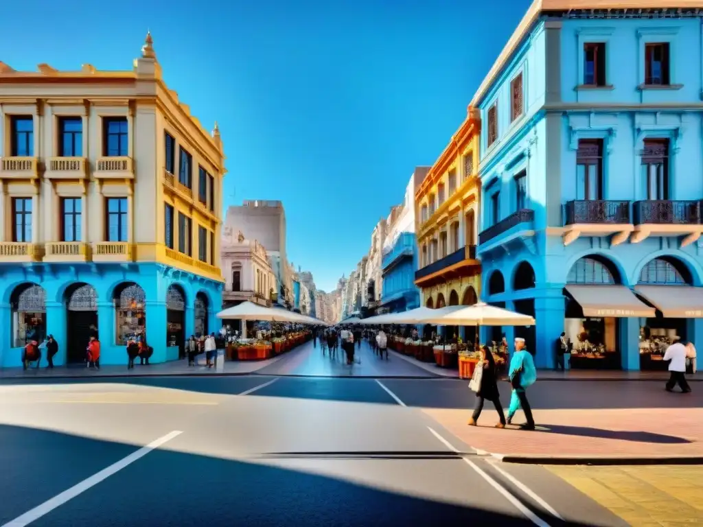 Explorando las coloridas calles de Montevideo con locales y turistas, cafés animados y artesanías tradicionales bajo un cielo azul