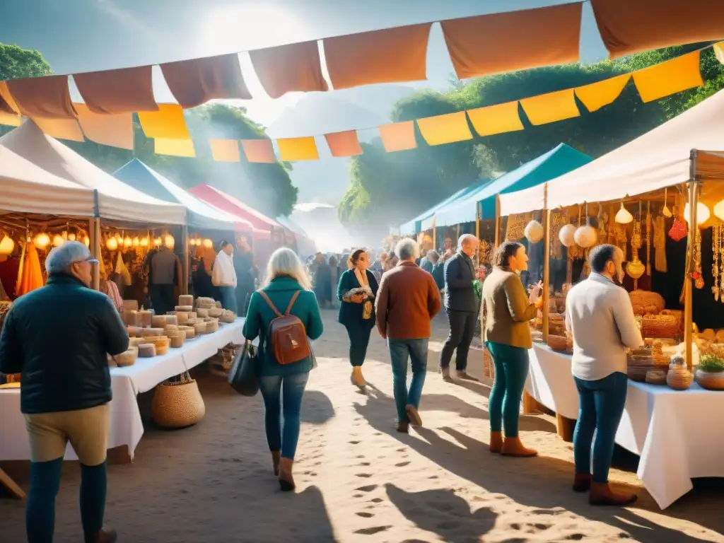 Coloridas Ferias Artesanales en Uruguay con artesanos demostrando sus habilidades y creaciones en un ambiente festivo y vibrante