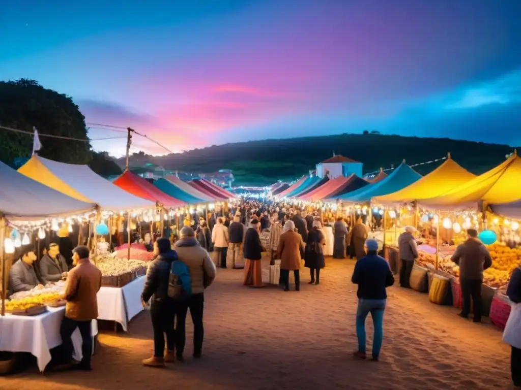 Coloridas ferias artesanales nocturnas en Uruguay, con artesanos y sus creaciones bajo las luces