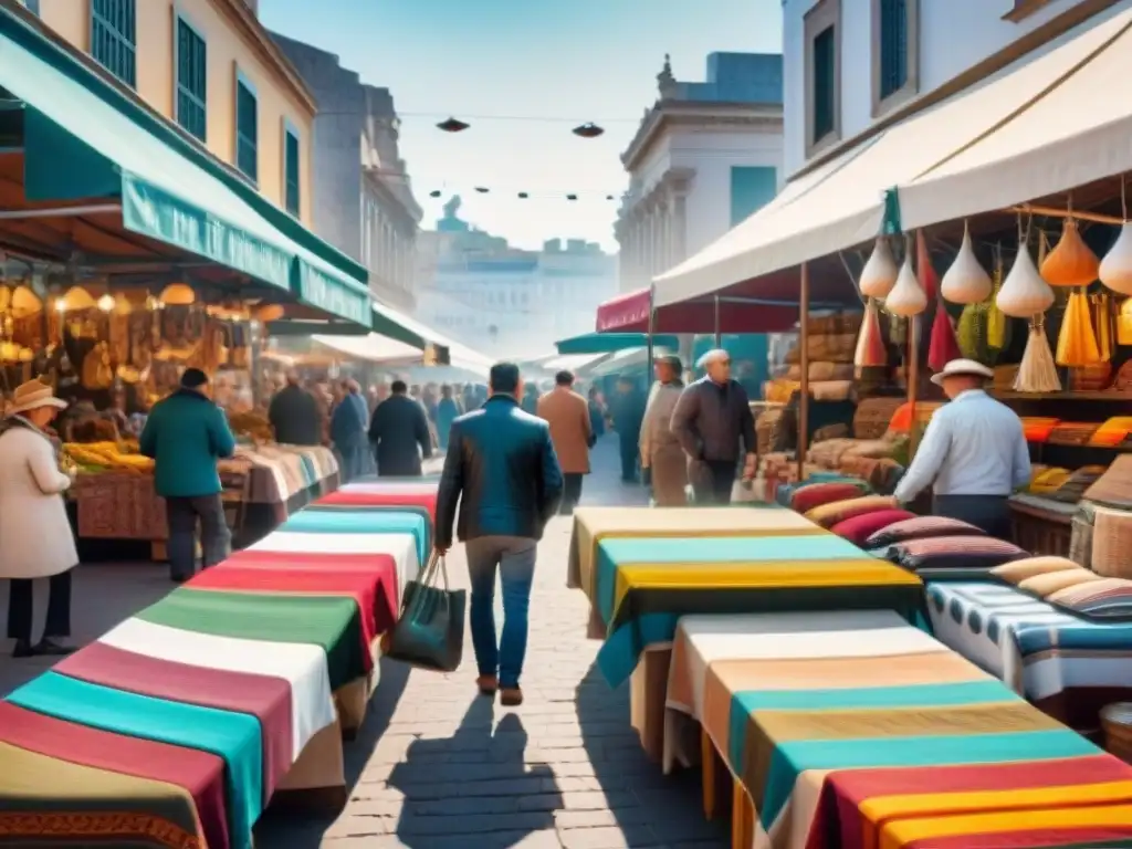 Coloridas tiendas de souvenirs en Montevideo con textiles, cuero y cerámica artesanal