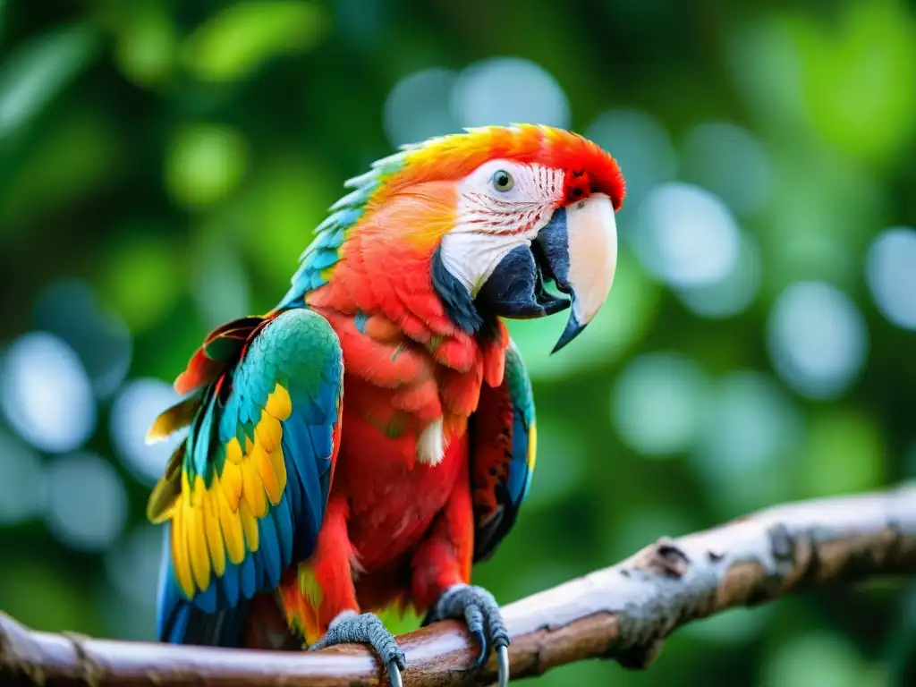 Colorido guacamayo escarlata en árbol, selva de Uruguay