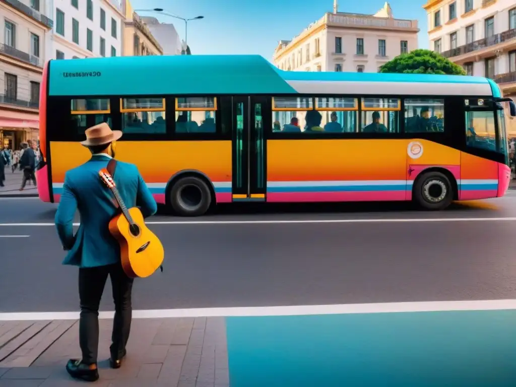 Colorido bus público en Montevideo con pasajeros diversos y músico callejero, reflejando la esencia dinámica del transporte público en Uruguay