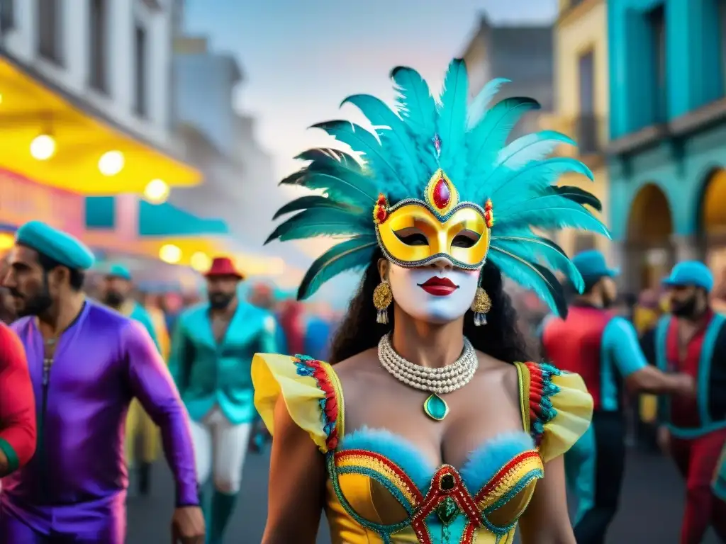 Colorido carnaval en Montevideo, con trajes vibrantes, danzas energéticas y multitudes disfrutando de las festividades en las calles