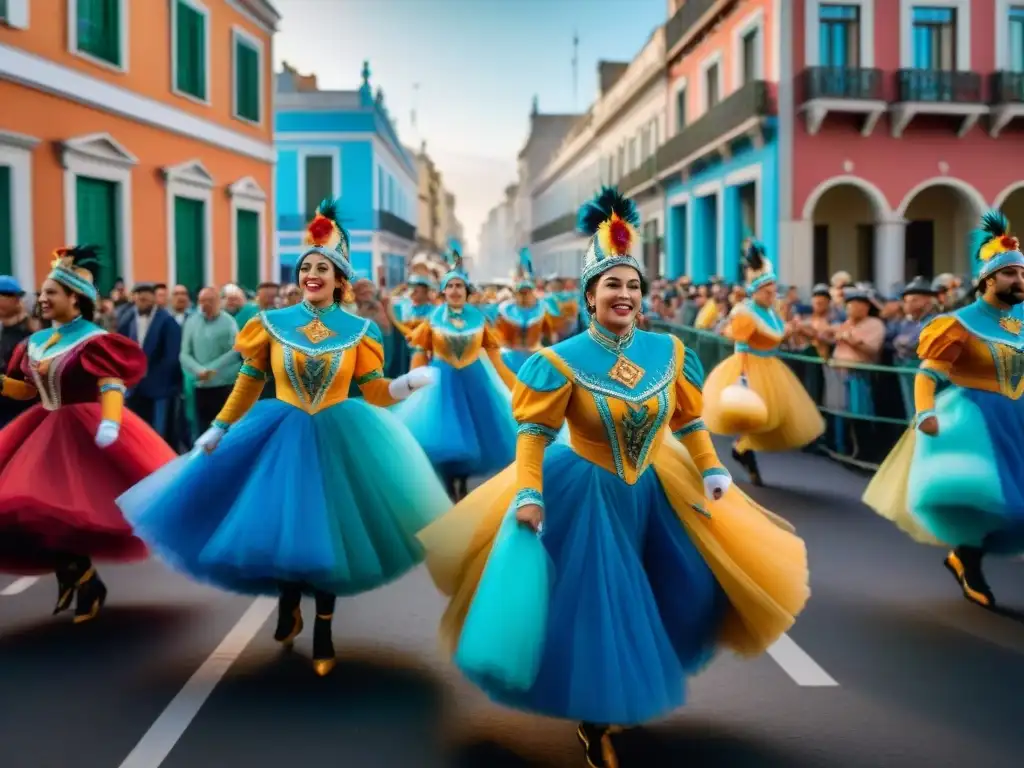 Colorido desfile de Carnaval en El Prado, Montevideo, con trajes y música tradicional, historia y alegría en la ciudad