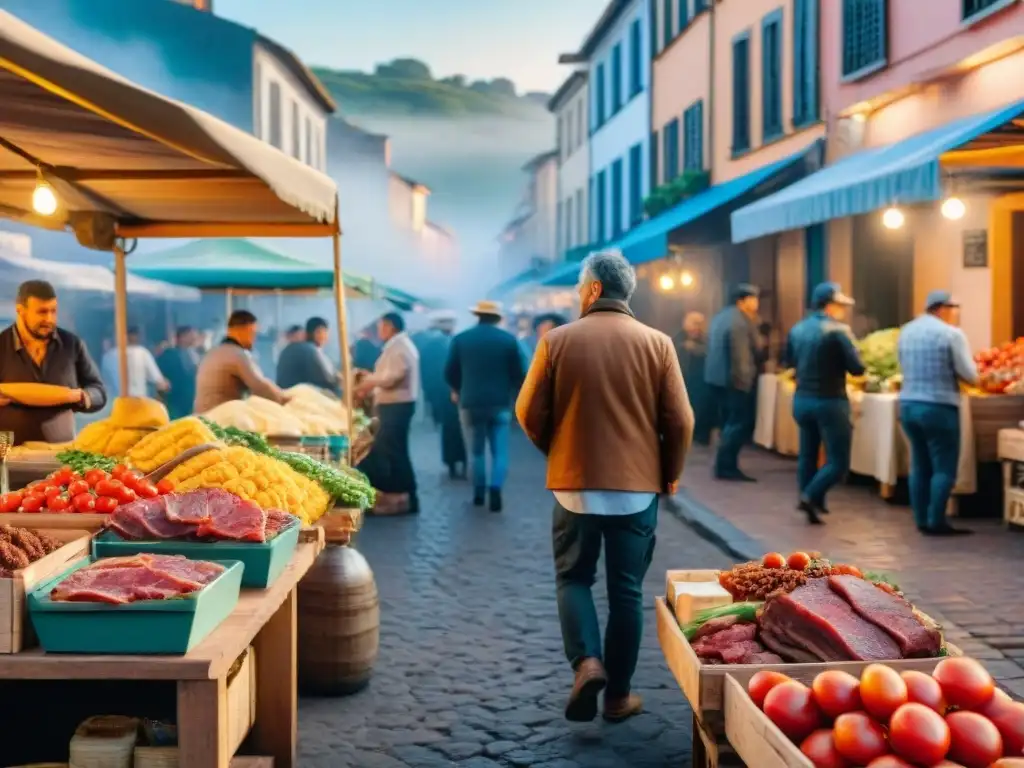 Colorido mercado al aire libre en Uruguay con ingredientes frescos para preparar la auténtica receta del Chivito al plato