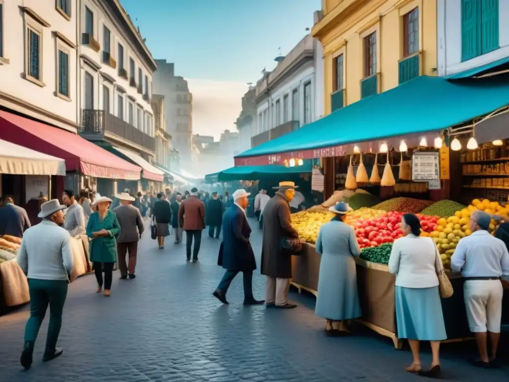 Colorido mercado en Montevideo, Uruguay, con artesanías y locales animados, reflejando la vida uruguaya