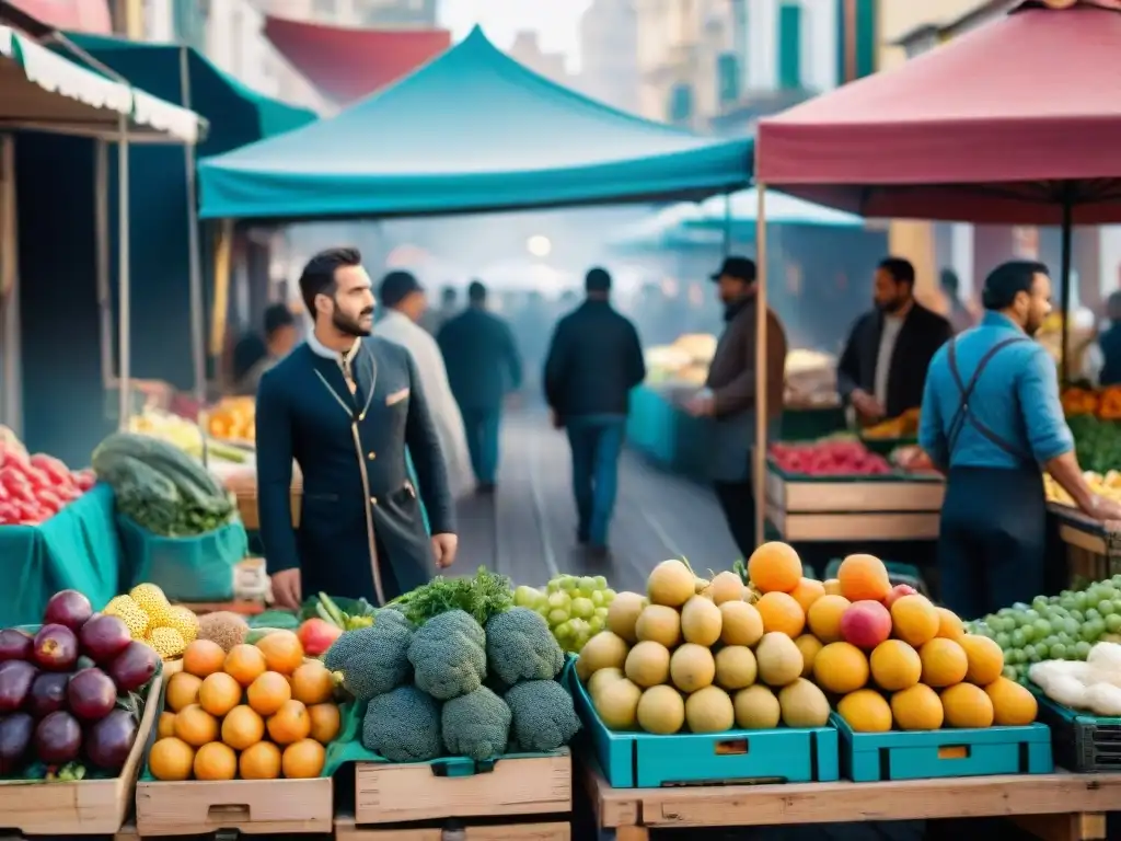 Colorido mercado gastronómico al aire libre en Montevideo, Uruguay, destacando la fusión culinaria