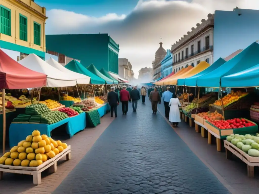 Colorido mercado local en Montevideo, Uruguay, lleno de frutas frescas, artesanías y vendedores amigables