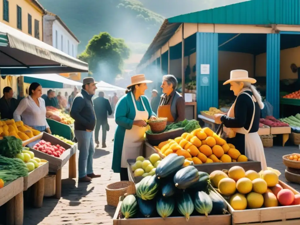 Colorido mercado local en Uruguay con productos sostenibles y ambiente comunitario vibrante