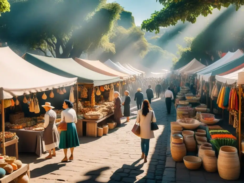 Colorido mercado en Uruguay con souvenirs originales ferias Uruguay, artesanías y textiles vibrantes bajo el sol