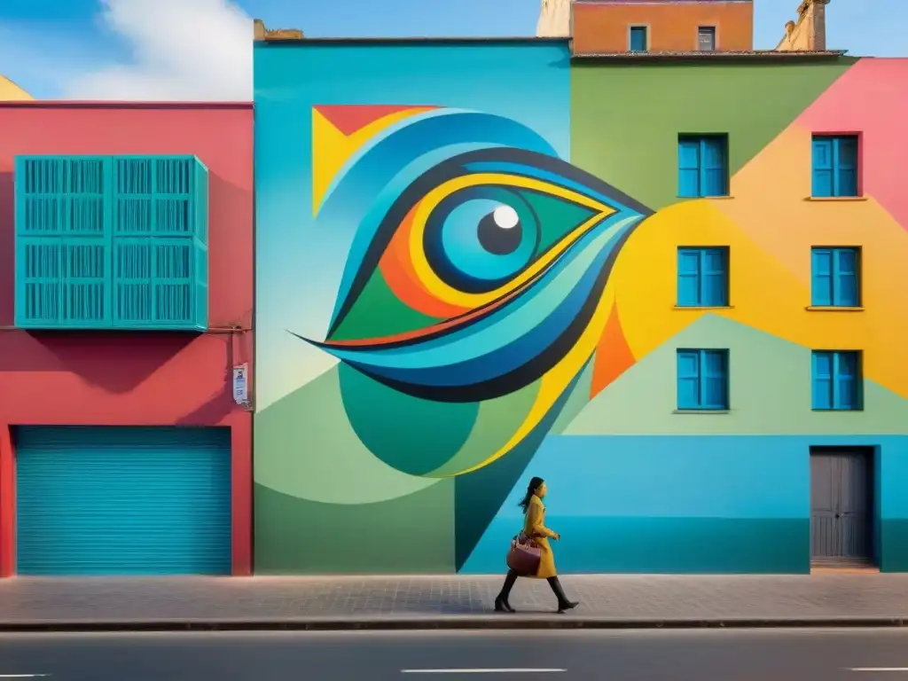 Un colorido mural de arte callejero en Montevideo, Uruguay, muestra un camaleón gigante fundiéndose en formas geométricas vibrantes