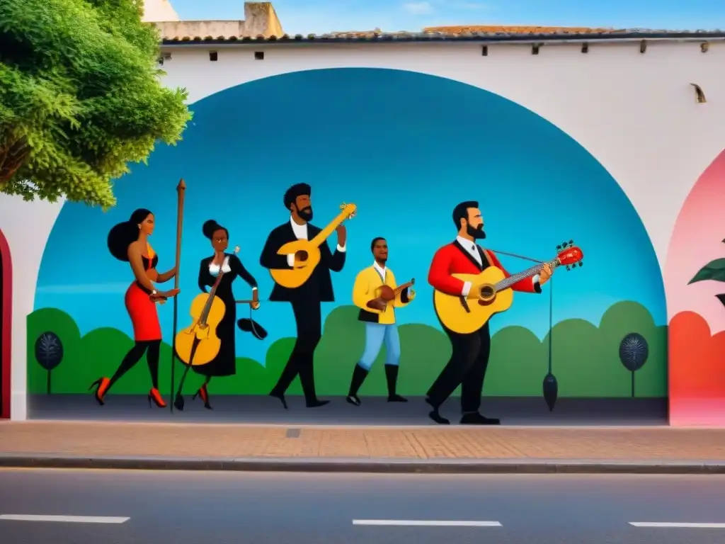 Colorido mural en Uruguay muestra diversidad cultural con gente unida, vestimentas tradicionales y símbolos de paz