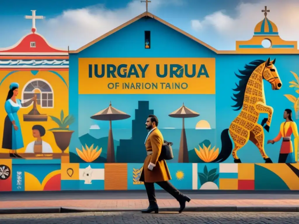 Colorido mural que narra la historia de Uruguay con danzas, figuras históricas y símbolos culturales