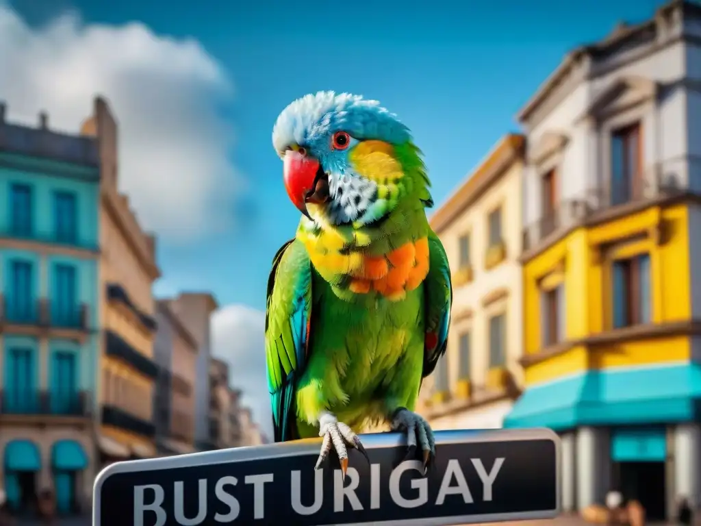 Colorido lorito posado en letrero urbano de Uruguay, entre edificios coloniales y modernos