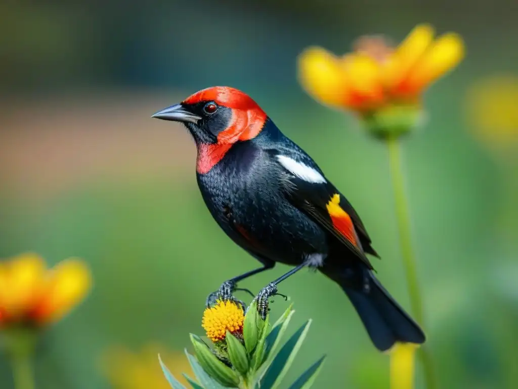 Colorido Tordo Sietecolores posado en rama verde en hábitat uruguayo