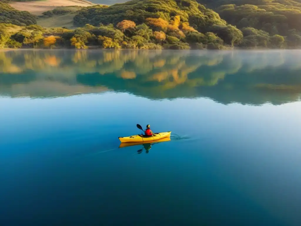 Kayaks coloridos surcando serenas aguas en Laguna Garzón al atardecer durante eventos kayak Uruguay