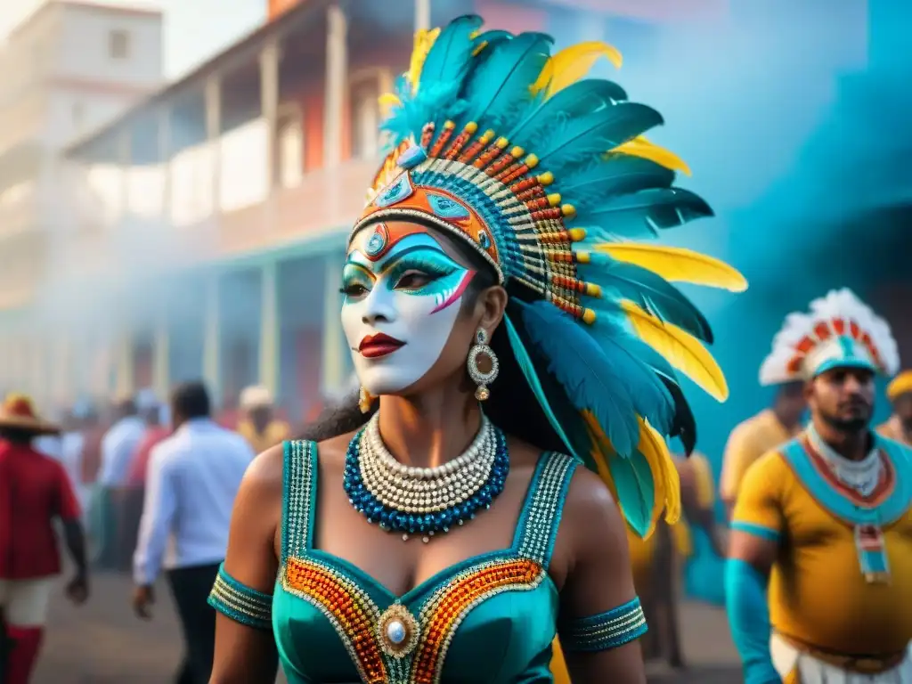 Coloridos trajes y máscaras durante el Carnaval de Trinidad en Uruguay, celebración festiva