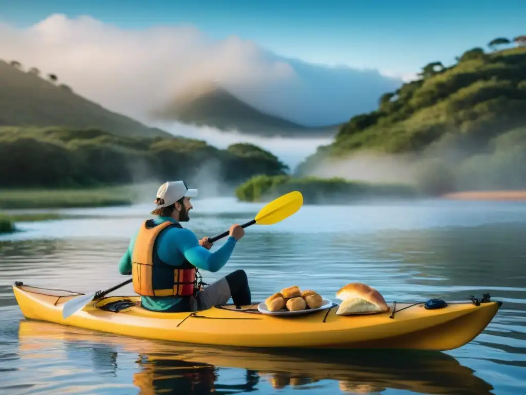 Kayaker disfrutando de comida típica uruguaya en sus travesías en Uruguay