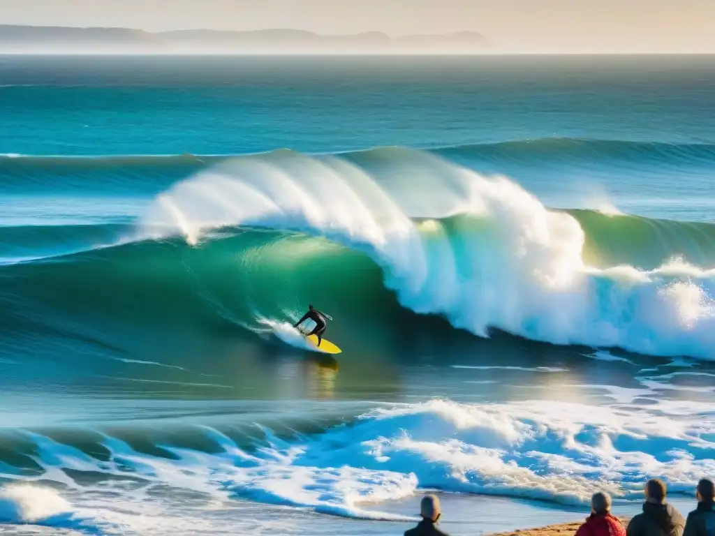 Competencia de surf vibrante en Punta del Diablo, Uruguay, con surfistas, espectadores y costa pintoresca