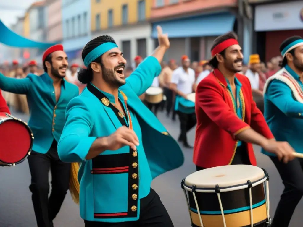 Competencia de tambores en Uruguay: Apasionados músicos uruguayos en vibrantes trajes tradicionales, tocando con energía en Montevideo