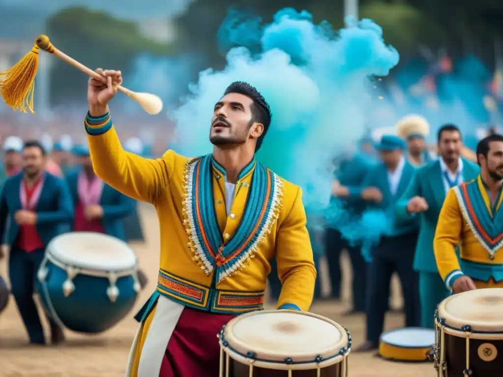 Competencia de tambores en Uruguay: Grupo de apasionados tamborileros en trajes tradicionales, llenos de energía y ritmo