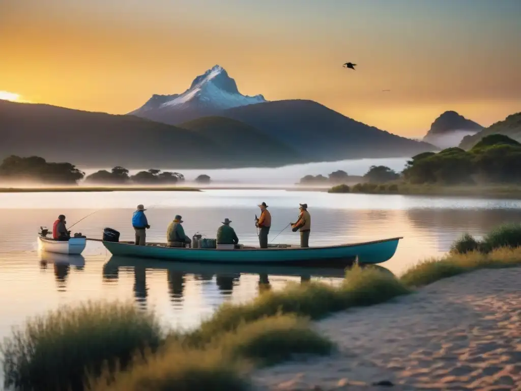 Una comunidad apasionada de pesca deportiva en Uruguay, unidos alrededor de un lago al atardecer