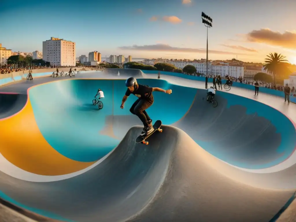 La pasión y determinación de la comunidad de skate y BMX en Uruguay se refleja en este vibrante atardecer en el skatepark de Montevideo