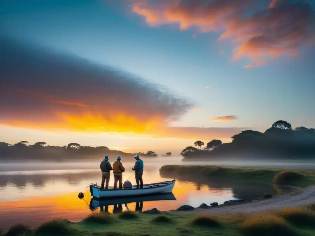 Comunidad pesca deportiva Uruguay: pescadores entusiastas se reúnen alrededor de un lago tranquilo al amanecer, concentrados en sus líneas de pesca