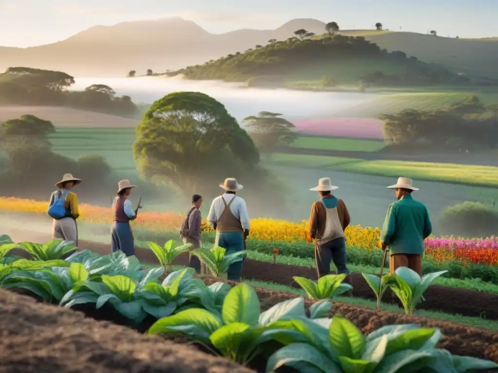 Una comunidad ecoaldea en Uruguay trabajando en armonía con la naturaleza, rodeada de vegetación exuberante y flores silvestres coloridas al atardecer