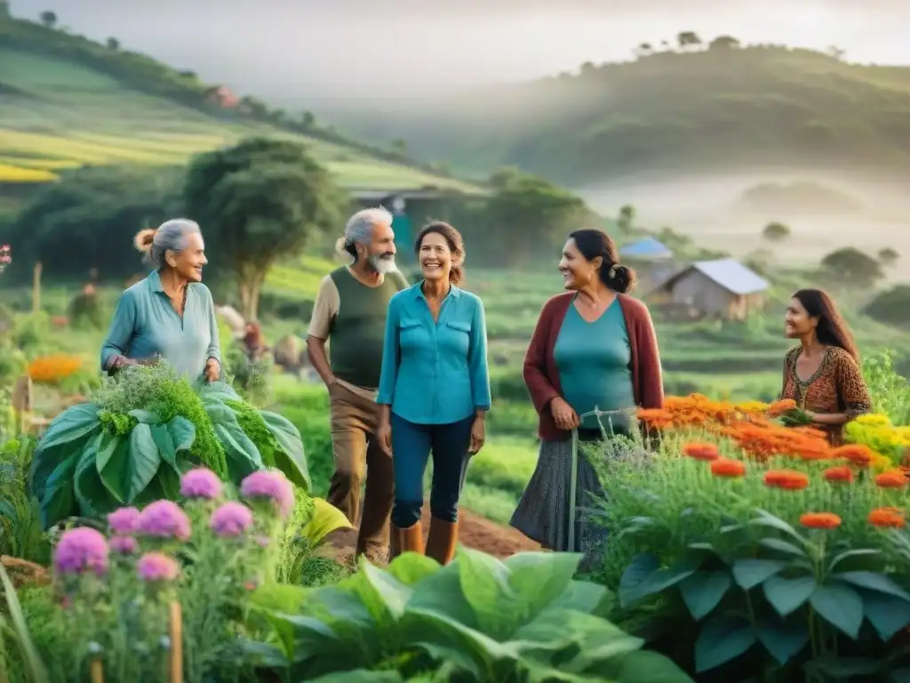 Comunidades ecoaldeas en Uruguay: Diversidad y armonía en un jardín permacultural rodeado de naturaleza exuberante y flores silvestres