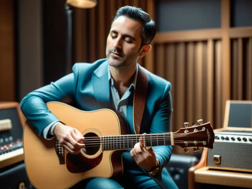 Jorge Drexler concentrado en estudio de grabación, rodeado de micrófonos y partituras